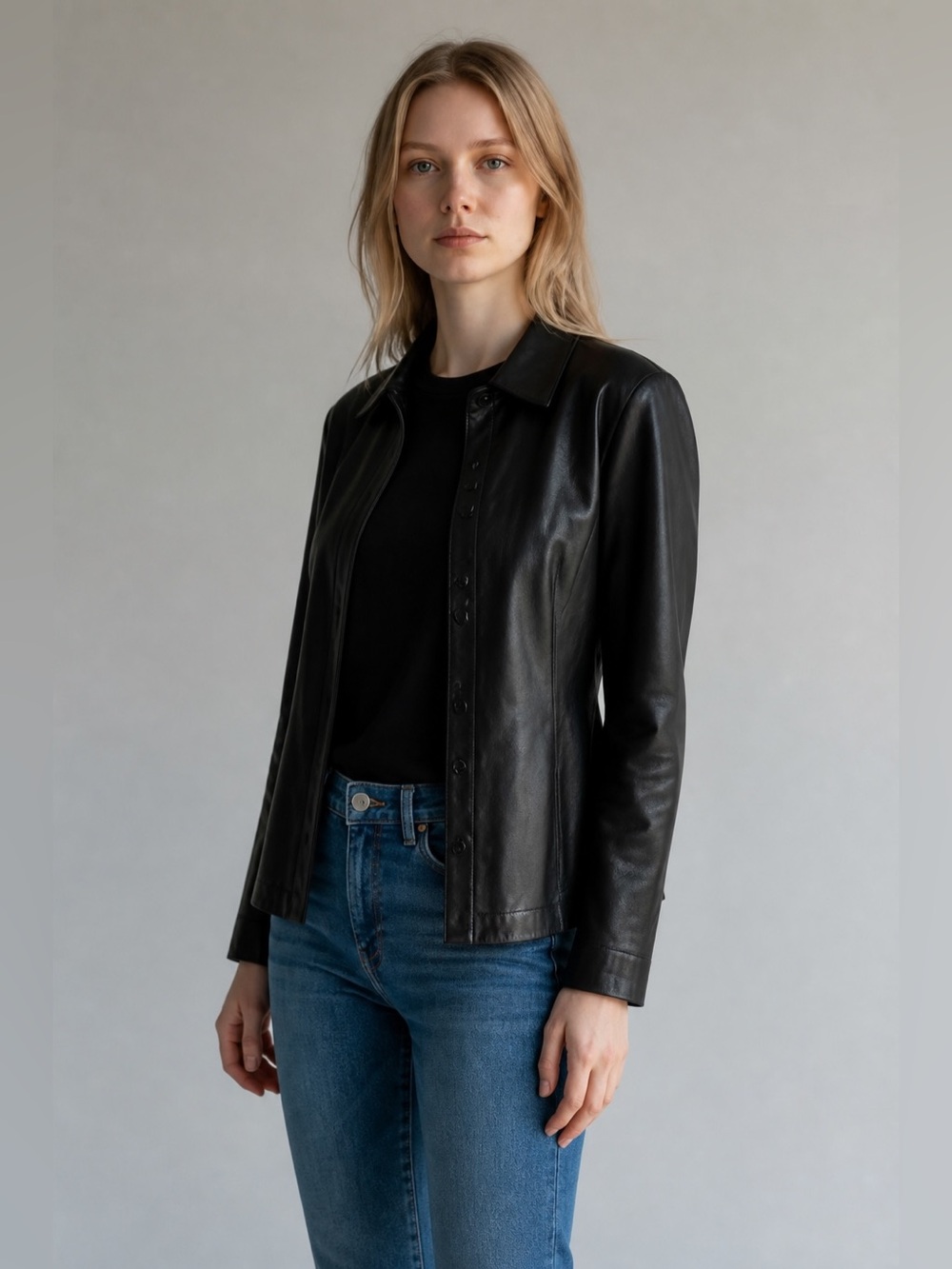 Genuine Nappa Leather Jacket Women's Fitted Moto Style Black Snap Front